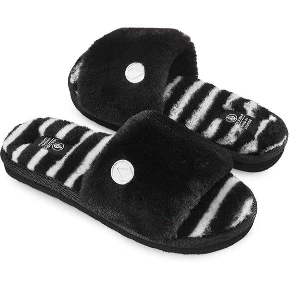 Volcom Girl's Lived in Lounge Slide Slipper Black Zebra Stripes size 5 Big Kid - Picture 1 of 8
